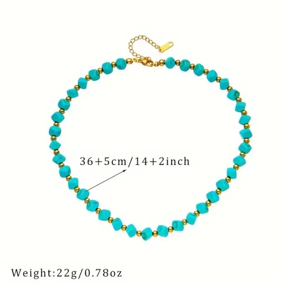 Unique Punk Style S.Steel 18K G.P Gilded,Golden Beads Square Turquoise Necklace. - Picture 5 of 6